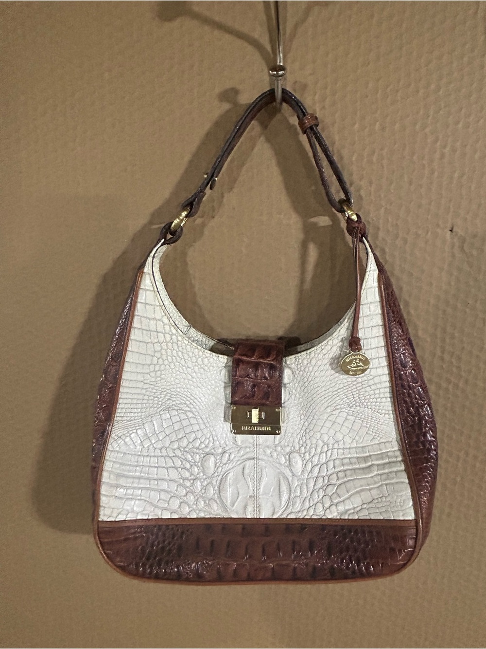 Brahmin White & Brown Croc-Embossed Hobo Shoulder Bag